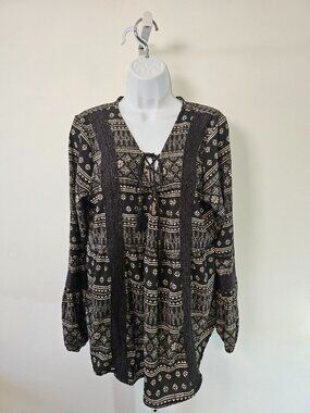 Hint of Mint Blouse Black Peasant Boho Festival Crochet XL